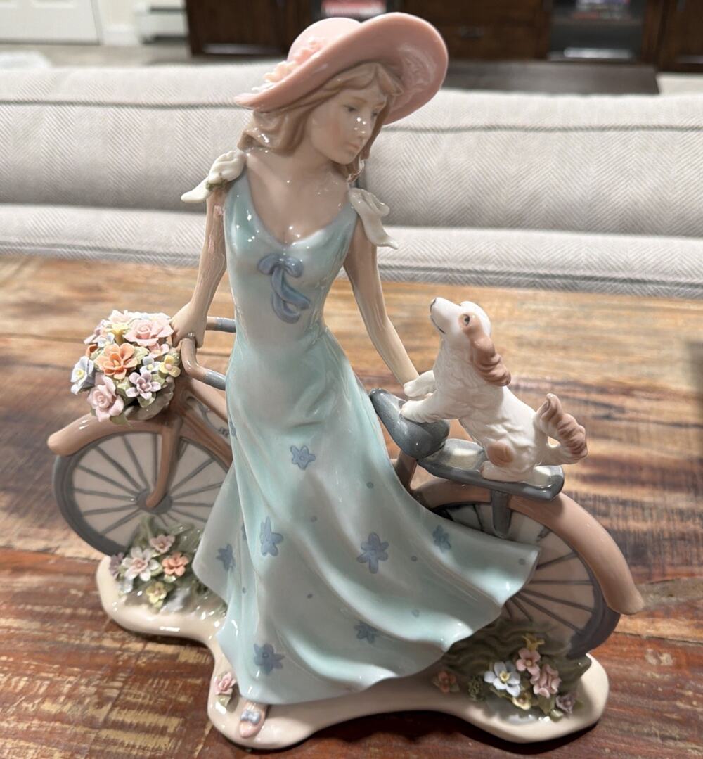 Ceramic Pretty Lady and Dog on Bicycle with Flower Basket Figurine, Home Décor,